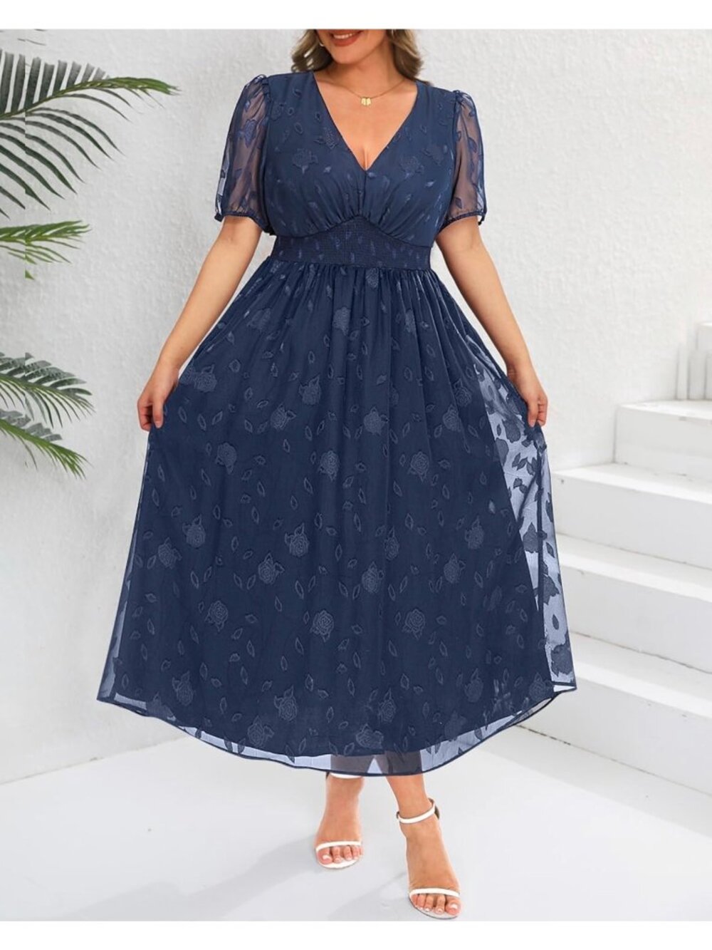 Pinup Fashion V-Neck Puff Sleeve Floral Jacquard Dress Size 22W - Picture 6 of 15